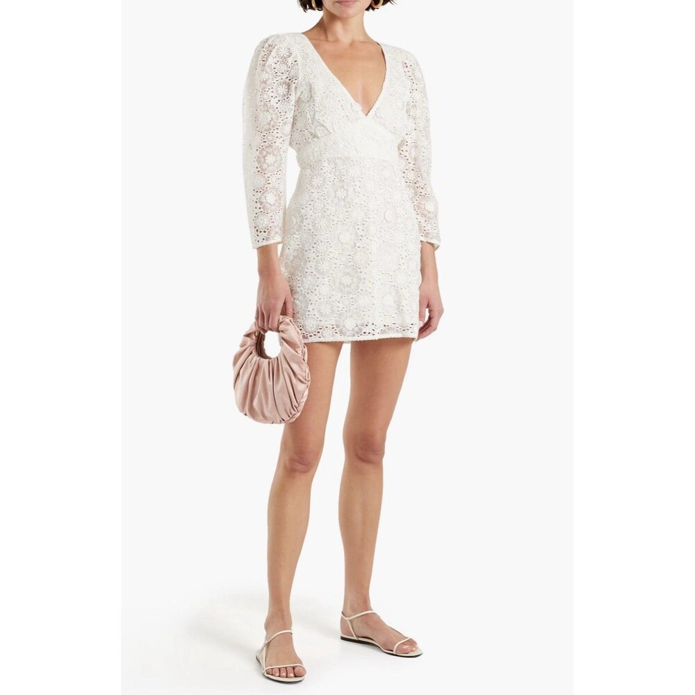 LoveShackFancy Faye White Lace Puff Sleeve Mini Dress Size 6 NWT - Picture 4 of 11